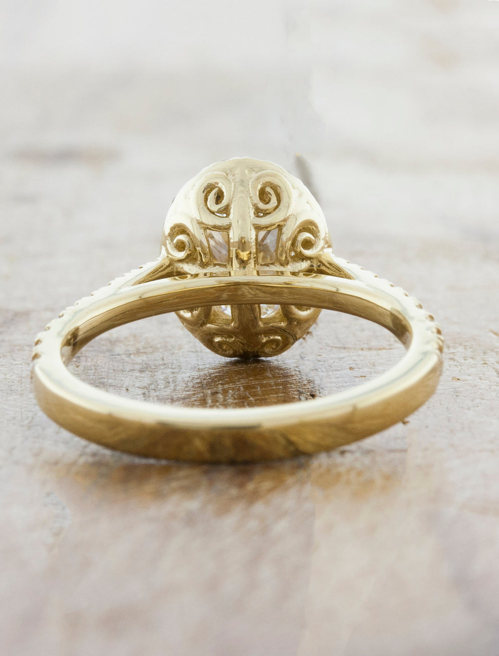 Lor: Oval Halo Engagement Ring with Tapered Diamond Band & Floral