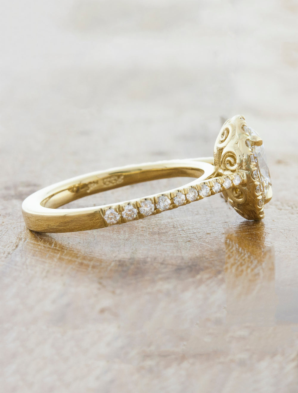 Lor: Oval Halo Engagement Ring with Tapered Diamond Band & Floral