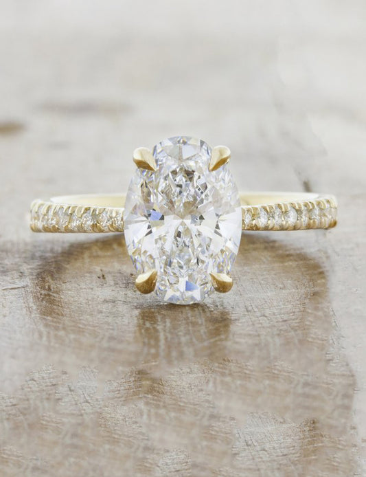 caption:Shown with 1.7ct oval diamond in 14k yellow gold