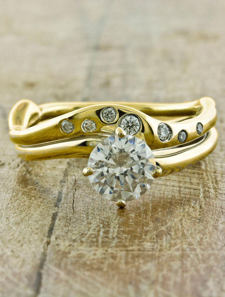 Open Cuff Wedding Band, Adjustable fashion Band, Round Moissanite Engagement Ring, Bezel Set Band, Colorless Moissanite Band, 14K Yellow Gold Ring