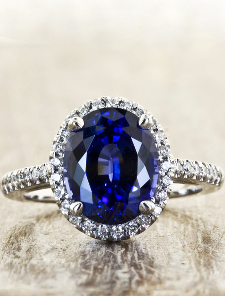 Emerald Cut Blue Sapphire Engagement Ring w/ Triangle Diamonds