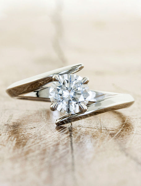 unique round diamond ring, asymmetrical band;caption:1.00ct. Round Diamond 14k White Gold