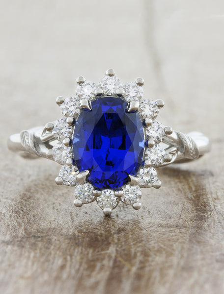 Blue, Oval Sapphire Halo Engagement Ring 