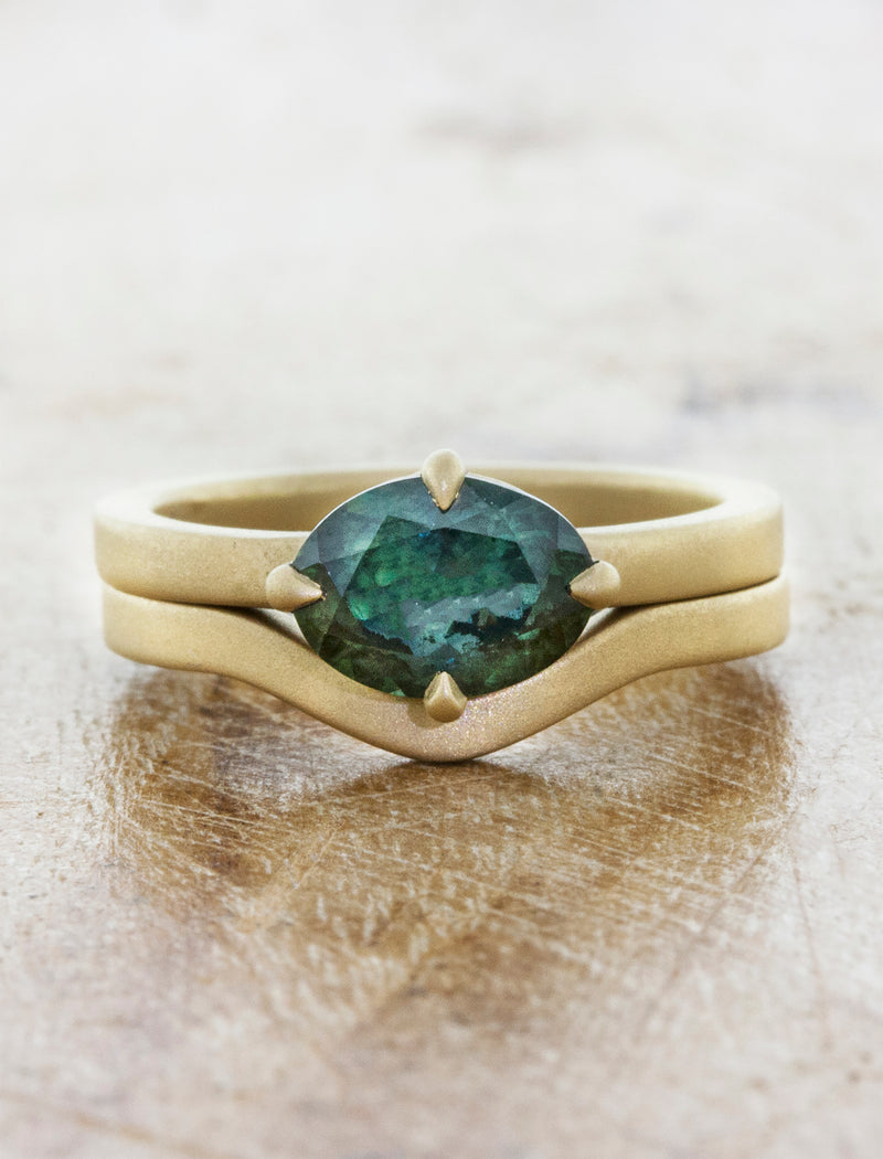 oval sapphire in brushed yellow gold band with matching ring