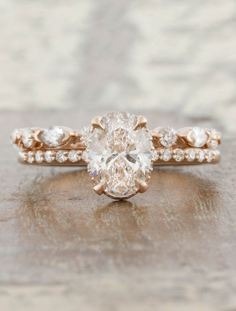 caption:Paired with Sarah wedding band in 14k rose gold