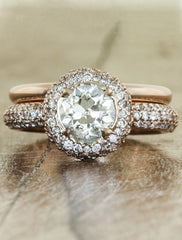 unique halo round european cut diamond, matching wedding band;caption:0.86ct. Old European Cut Diamond 14k Rose Gold paired with Lorena wedding band