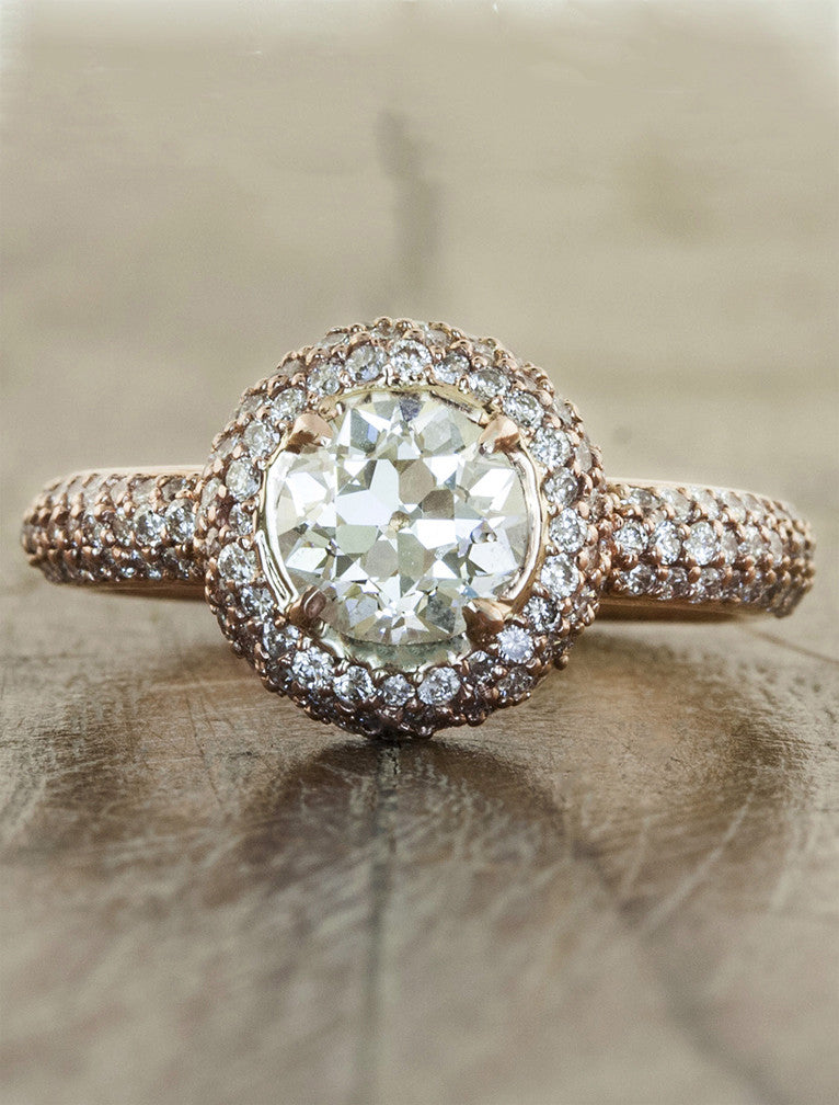 unique halo round european cut diamond, diamond band;caption:0.86ct. Old European Cut Diamond 14k Rose Gold