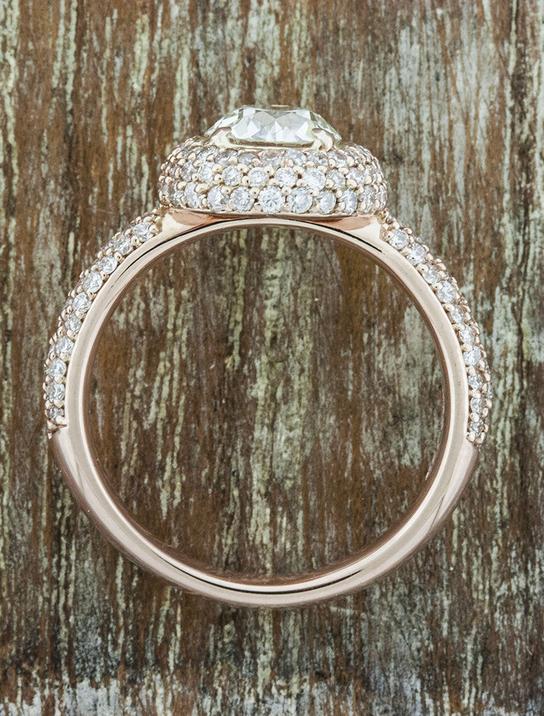 unique halo round european cut diamond, diamond band