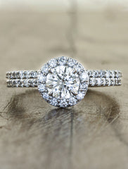 diamond halo engagement ring by Ken & Dana Design. caption:Shown with the Edith matching wedding band