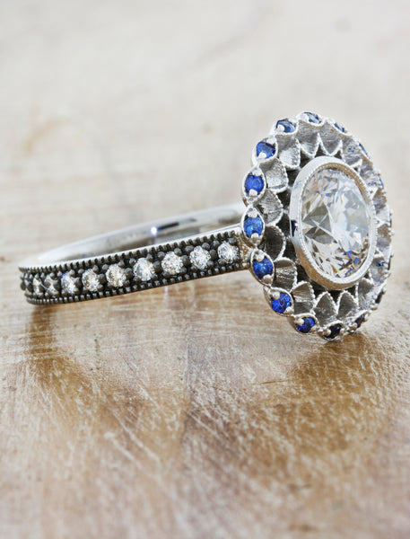 Vintage Inspired Sapphire Engagement Ring with Intricate Halo & Detailing