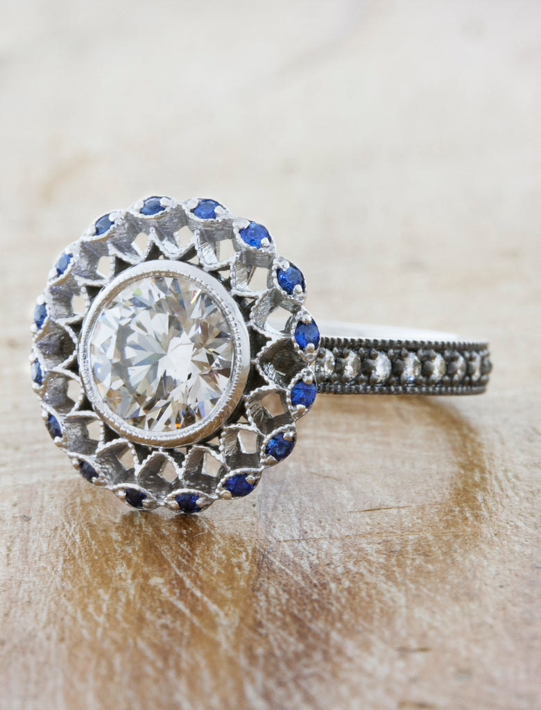 Sapphire Halo Vintage Inspired Engagement Ring with Filigree & Milgrain