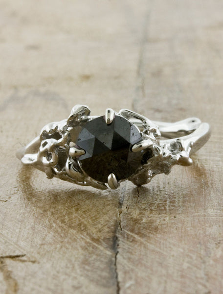 black diamond engagement ring, organic & nature inspired;caption:1.00ct. Round Rose Cut Black Diamond 14k White Gold