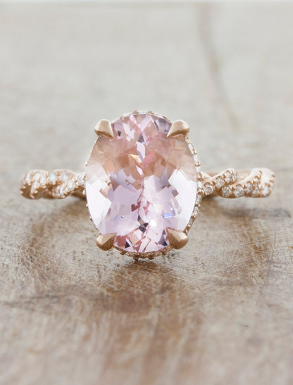 Oval Morganite Rope Diamond Band Engagement Ring. caption:Shown with a 10x8mm Morganite; approx 2.5 carat