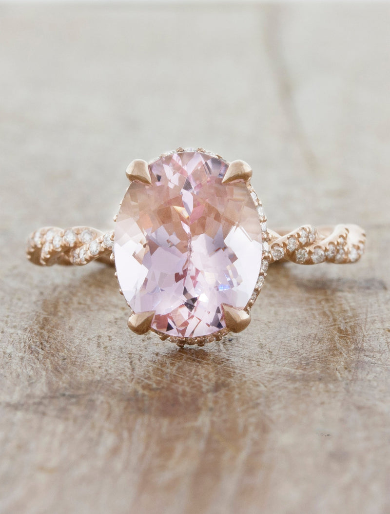 caption:Shown with 10x8mm oval Morganite (approx 2.5 carat) in 14k rose gold