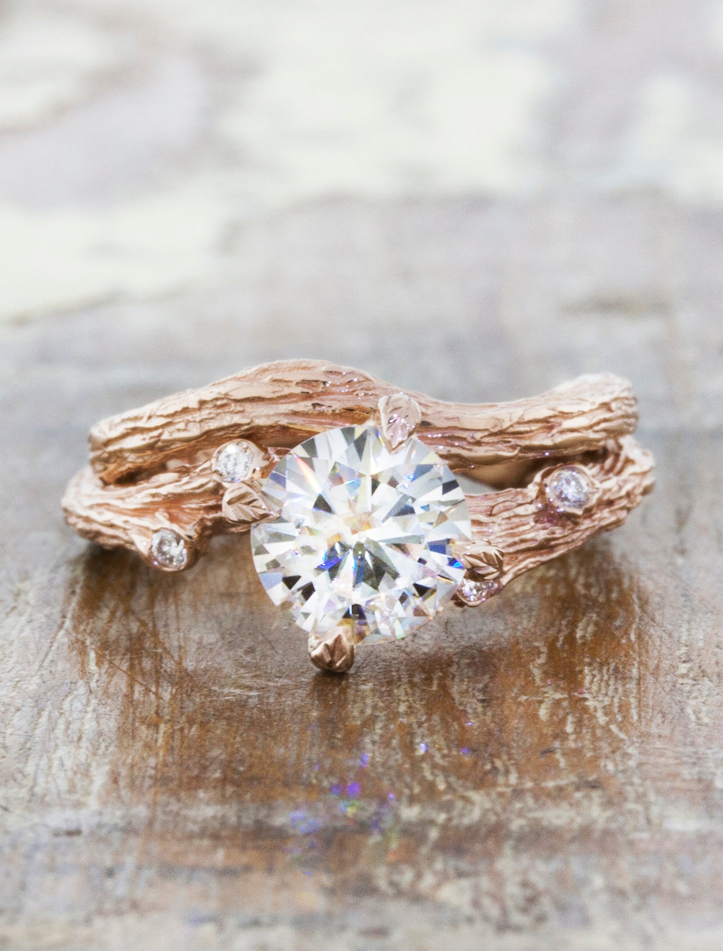 tree bark texture solitaire engagement ring with matching band. caption:Shown with the Autumn wedding band