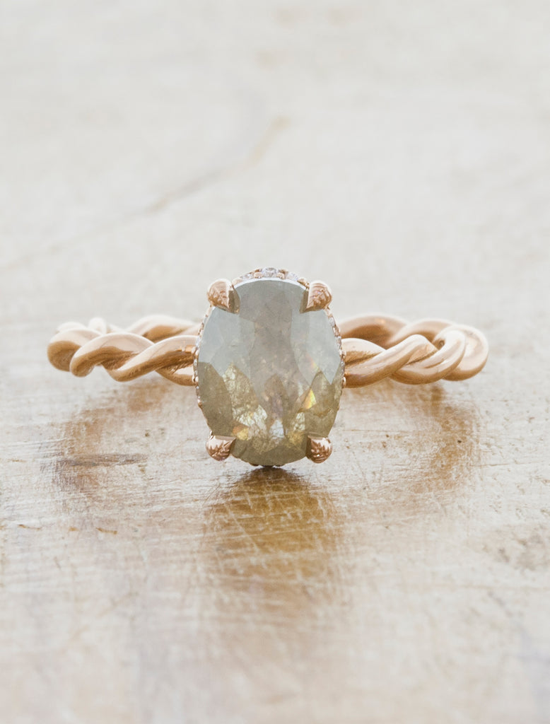 Oval Rough Diamond, Twisted Band Ring caption: 1.20cr Rough Diamond on a 14k Rose Gold Band