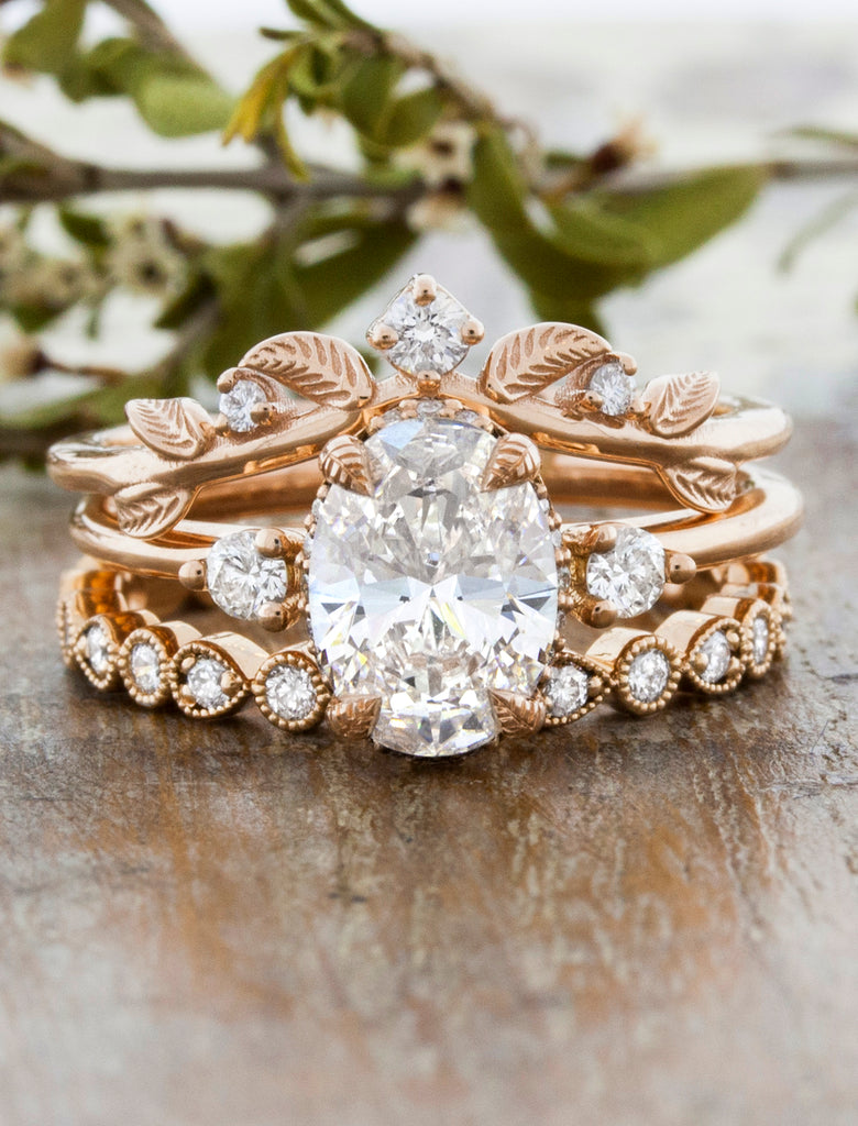caption:Shown in 14k rose gold with Lebow engagement ring & Esme wedding band