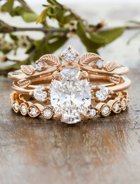 caption:Shown in 14k rose gold with Lebow engagement ring & Esme wedding band