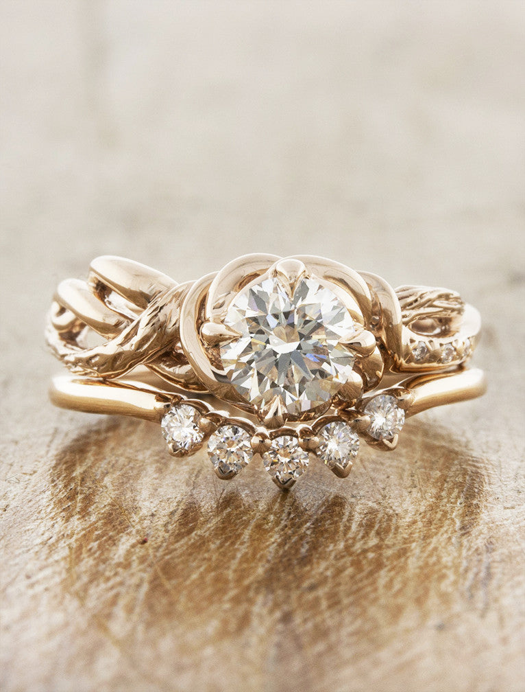 countoured prong set diamond wedding band. caption:Shown in rose gold with a custom Landress engagement ring