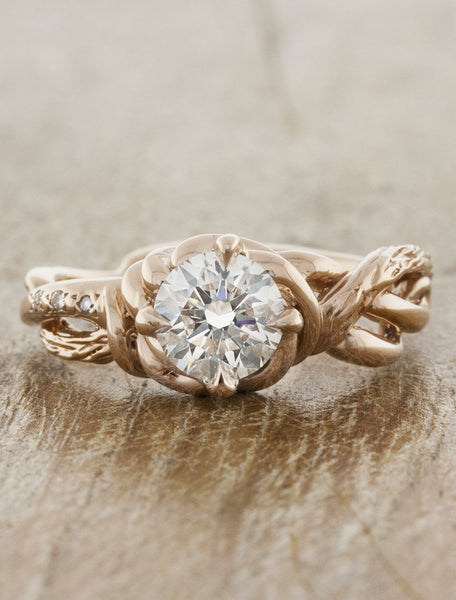 Nature inspired engagement ring - Landress. caption:0.9ct. Round Diamond with custom bark texture, 14k Rose Gold