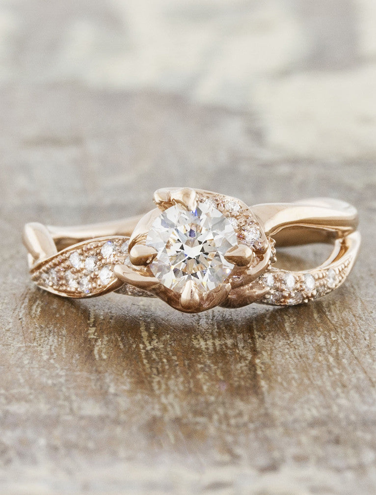 unique rose gold nature inspired split shank engagement ring;caption:0.50ct. Round Diamond 14k Rose Gold