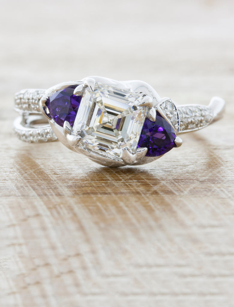 Unique nature inspired engagement ring split shank;caption:1.50ct. Asscher Cut Diamond and Amethyst 14k White Gold