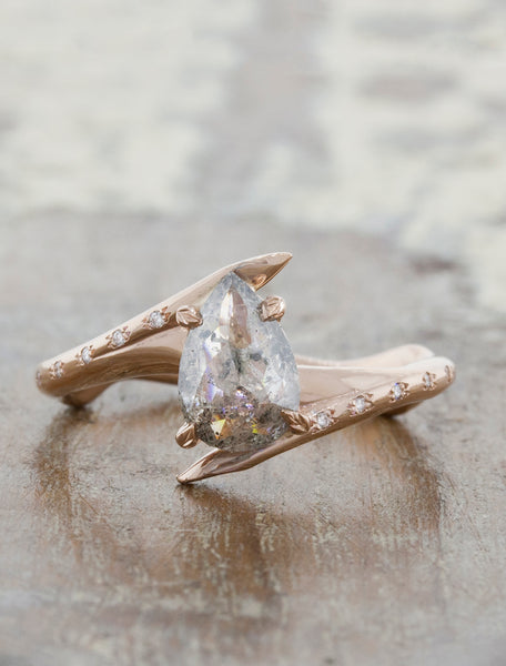 unique asymmetrical engagement ring;caption:1.00ct. Pear Rustic Diamond 14k Rose Gold