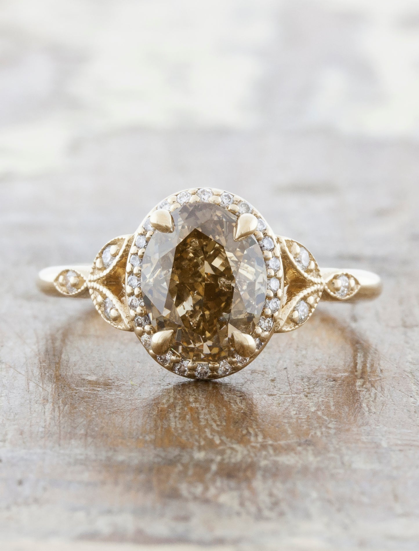 Vintage inspired engagement ring;caption:1.60ct. Oval Cognac Diamond 14k Yellow Gold