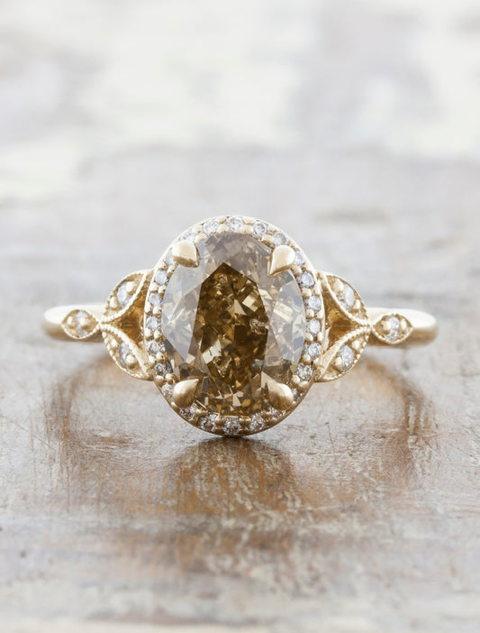 Vintage inspired engagement ring;caption:1.60ct. Oval Cognac Diamond 14k Yellow Gold
