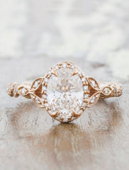 Vintage and Nature Inspired Diamond Rope Band Engagement Ring  caption: 1.32ct Oval Diamond 14k Rose Gold 