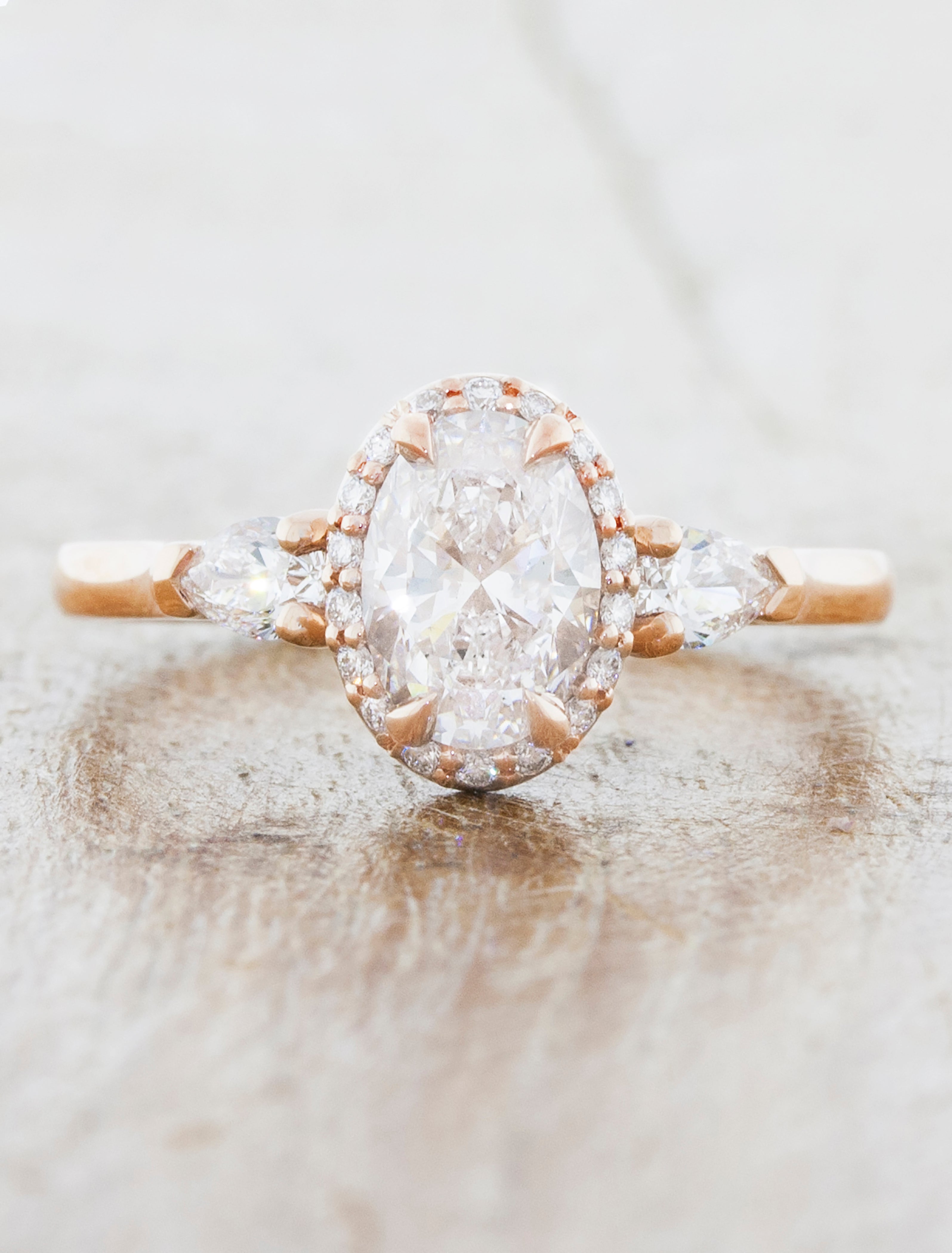 Thea: Romantic Rose Gold Oval Three-Stone Ring | Ken & Dana Design