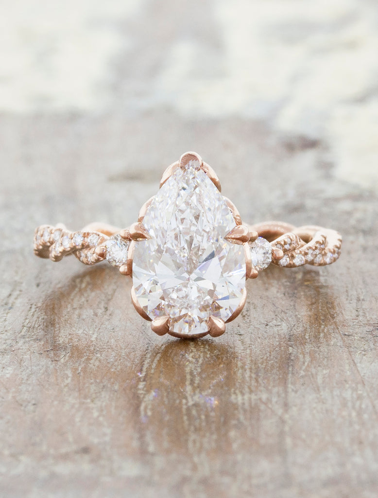 Violet - 14K Rose Gold Pear Diamond Solitaire Twisted Band Engagement Ring  - Wedding Bands & Co.