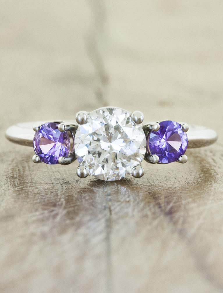 Karen: Three Stone Round Diamond Ring, Purple Sapphires Ken