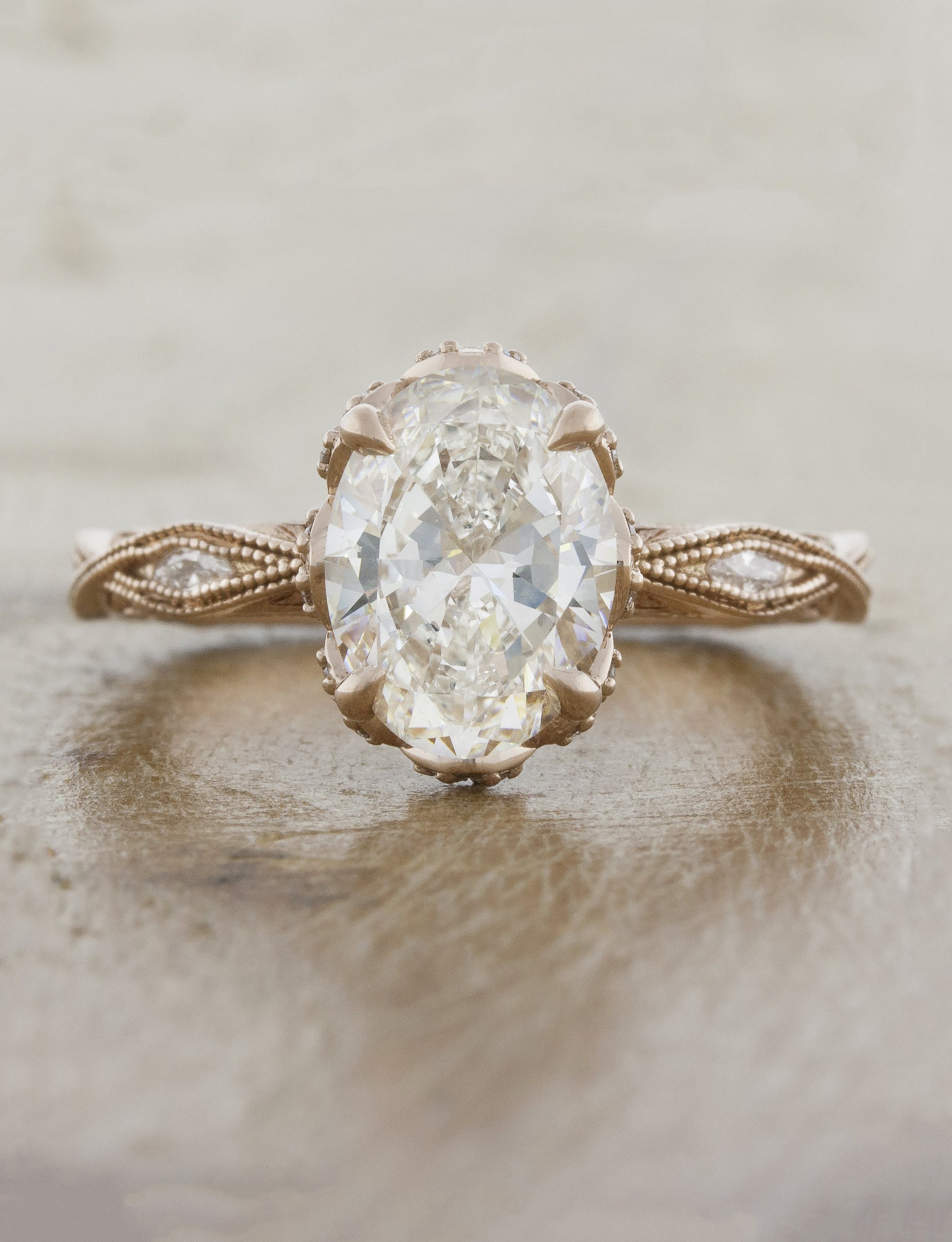 Unique vintage inspired engagement ring milgrain;caption:2.00ct. Oval Diamond 14k Rose Gold