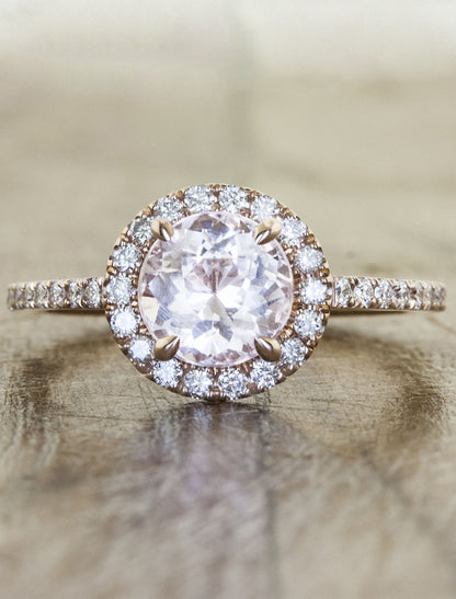 Morganite engagement ring with diamond halo