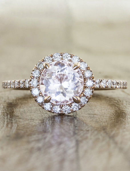 Round diamond halo engagement ring. caption:Customized with a Morganite, set in 14k rose gold