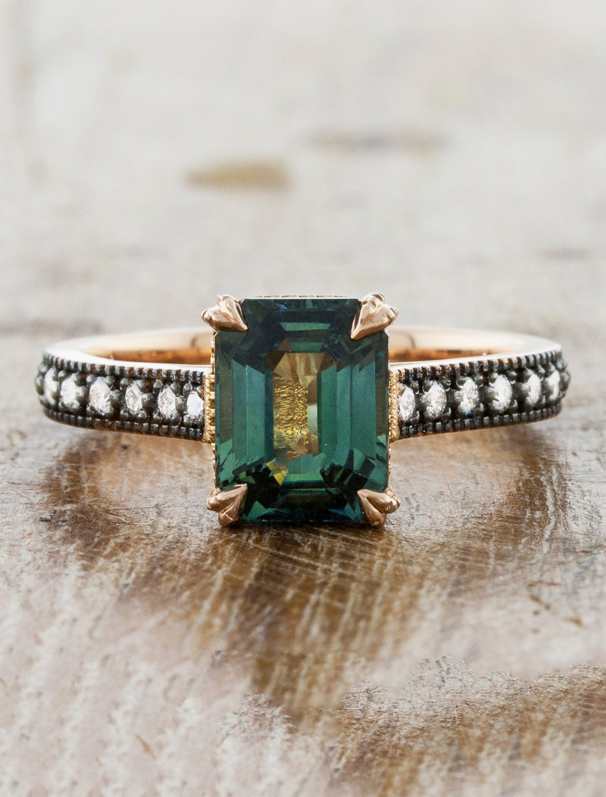 Evelyn: Antique-Inspired Emerald Cut Green Sapphire Ring Ken