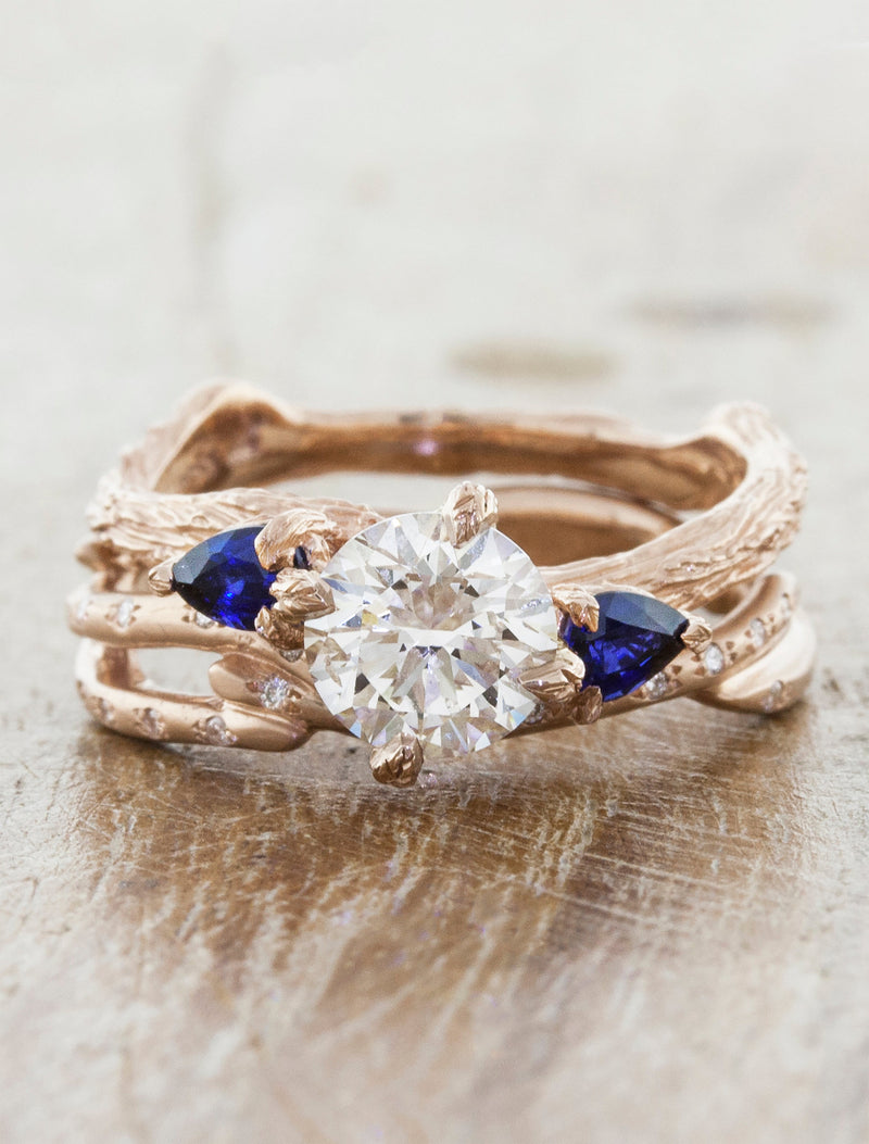 caption:Stacked with Selene wedding band in 14k rose gold