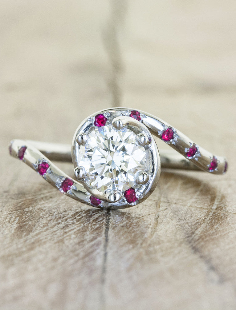 asymmetric band diamond ring with ruby accents