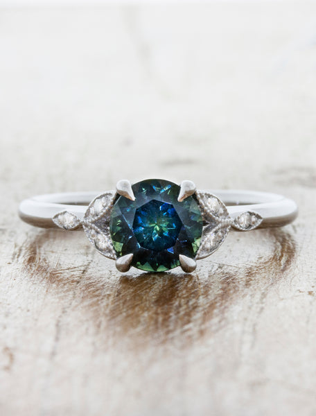 Montana Sapphire Vintage Inspired Engagement Ring. caption:Customized with a round Montana sapphire