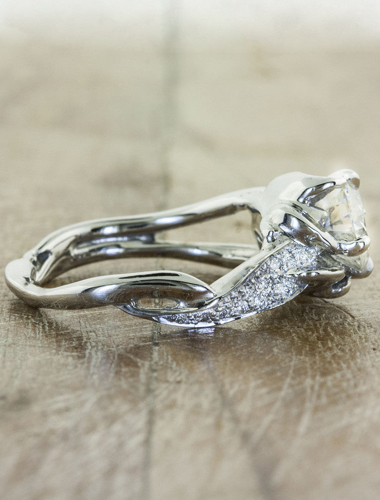 sculptural split shank pave band diamond engagement ring