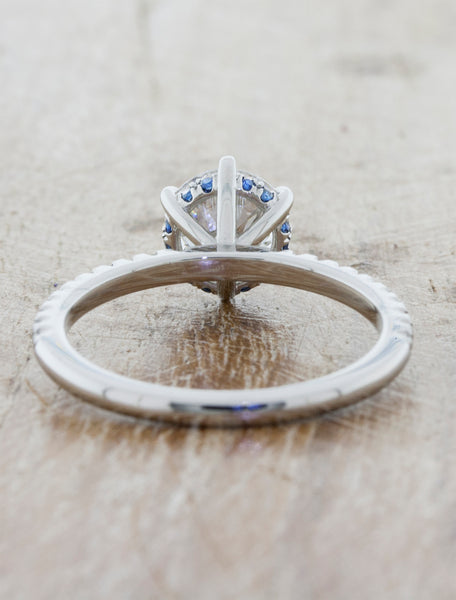 Round Diamond Engagement Ring, Pave Band and blue sapphire accents