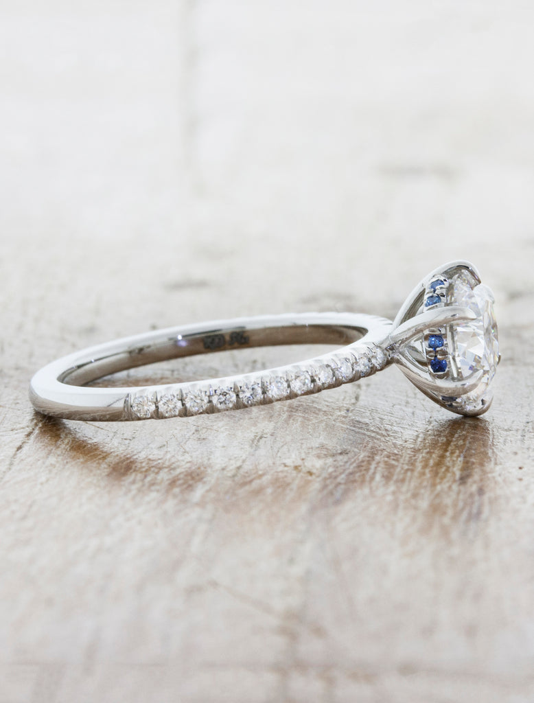 Round Diamond Engagement Ring, Pave Band and blue sapphire accents