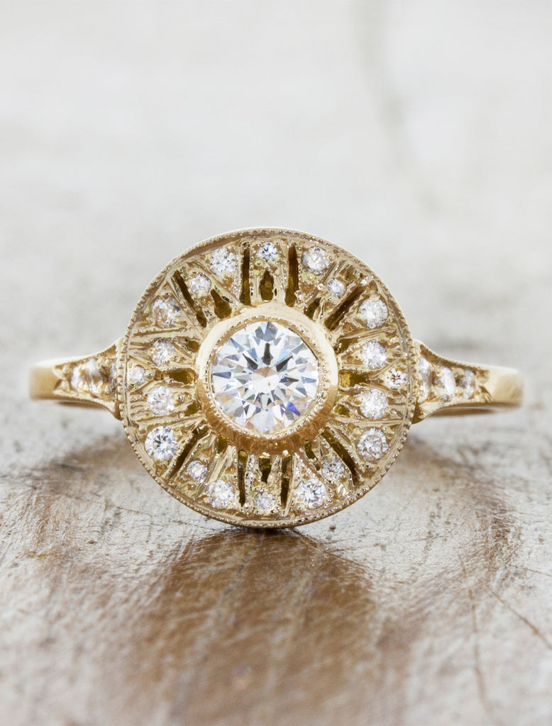 Vintage inspired engagement ring, caption:0.24ct. Round Diamond 14k Yellow Gold