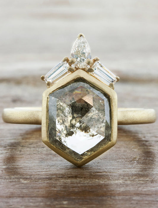 caption:Shown with hexagon cut grey diamond in 14k yellow gold