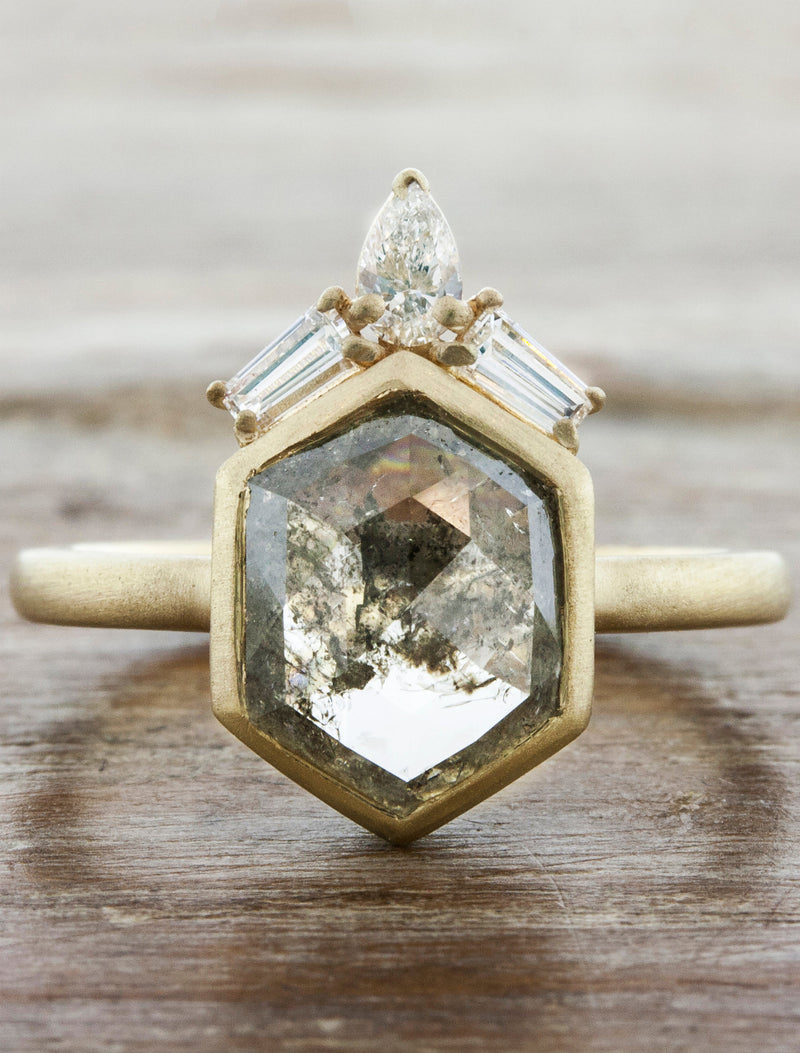 caption:Shown with hexagon cut grey diamond in 14k yellow gold