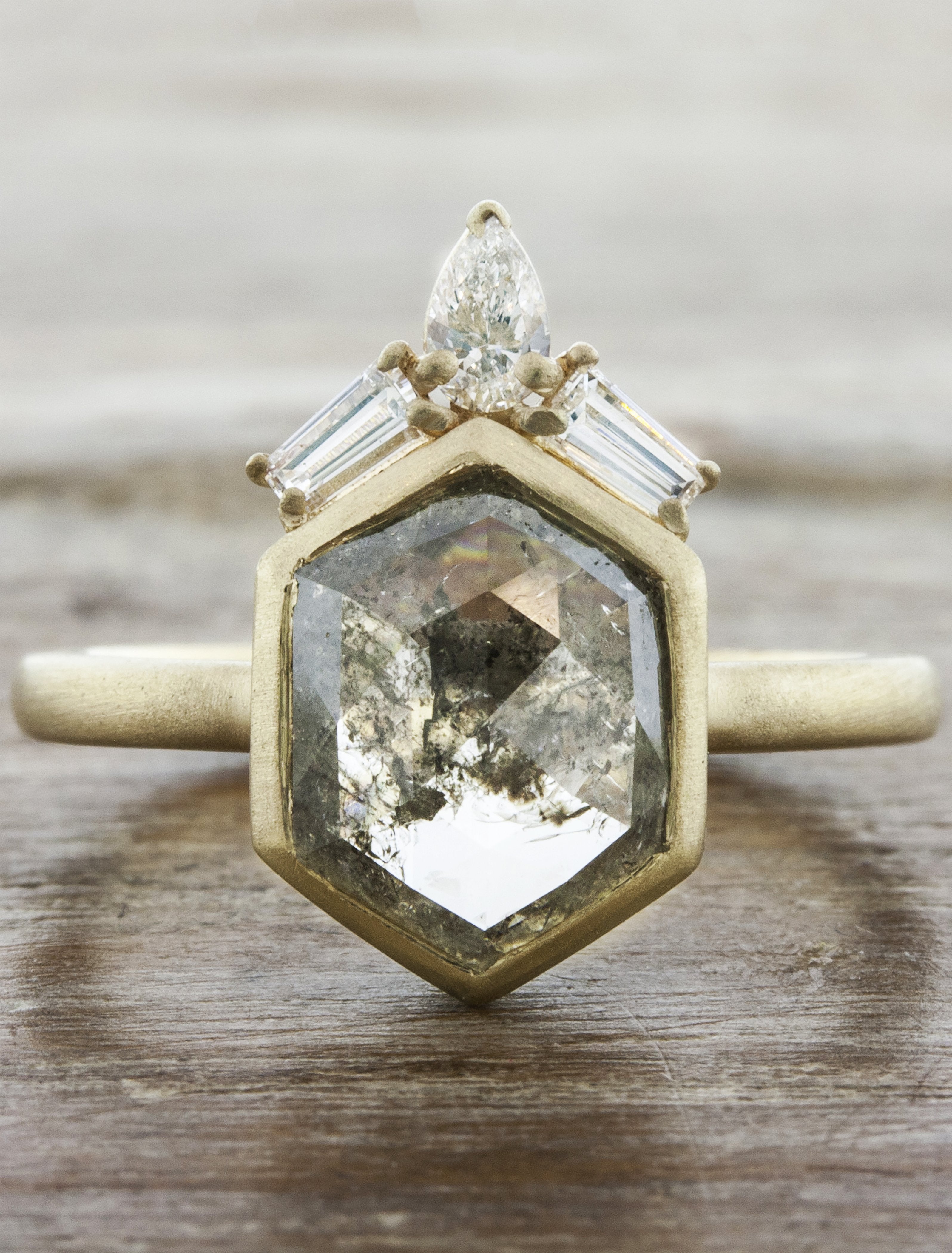 Arwen: Long Rough Diamond Hexagon Bezel Engagement Ring | Ken & Dana Design