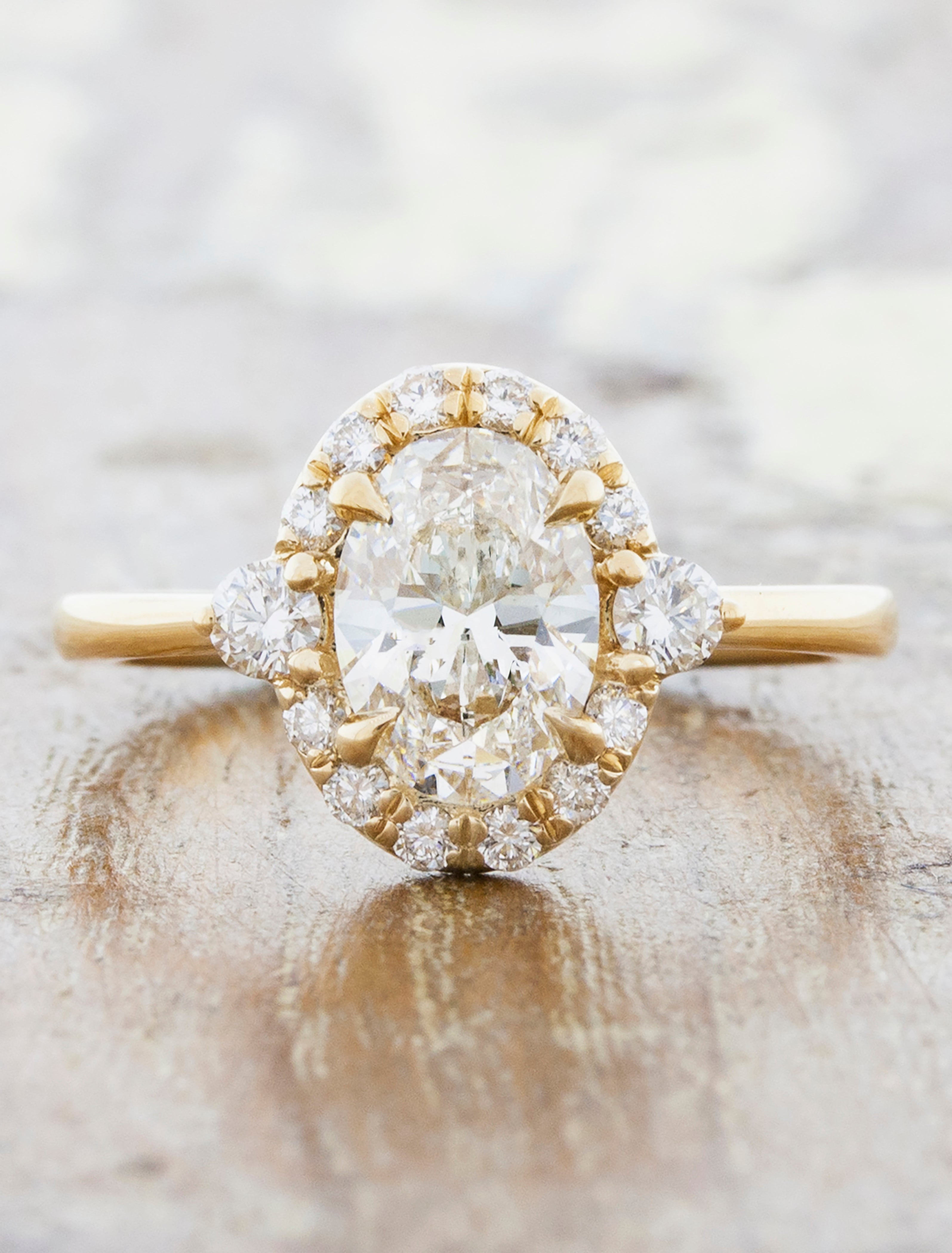 Alice: 3-Stone Oval Halo Vintage Inspired Engagement Ring | Ken & Dana