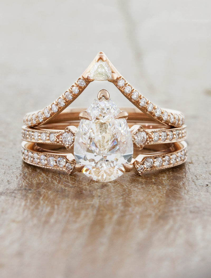 caption:Shown with Charleen engagement ring and Kia wedding band in 14k rose gold