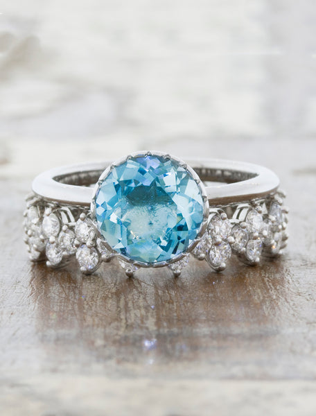 intricate floral diamond eternity band with aquamarine engagement ring caption:Shown with Angeline engagement ring